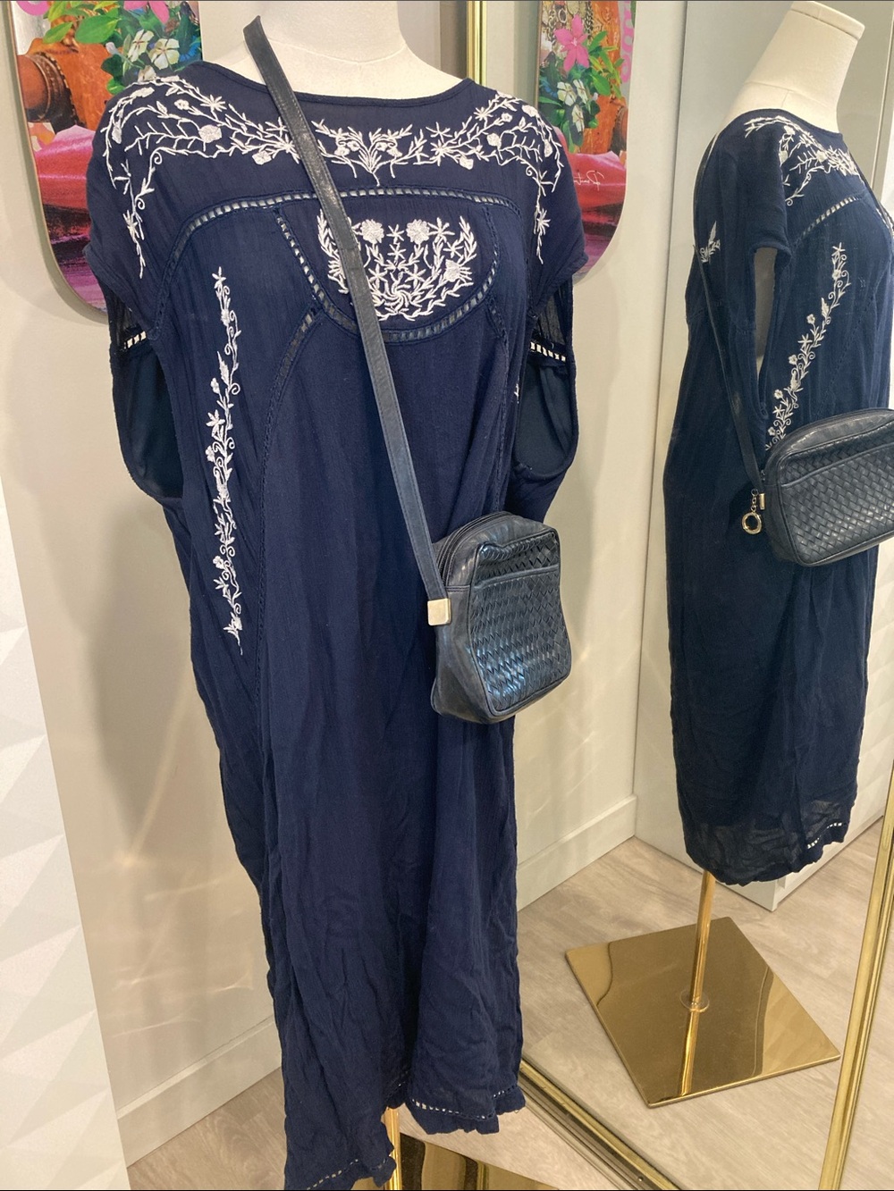 Navy Blue Embroidered Bohemian Summer Midi Dress
